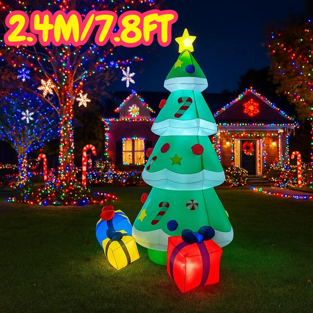 7.8FT زينة عيد الميلاد شجرة قابلة للنفخ مع صناديق الحاضر اللعب ساحة المنزل عيد الميلاد الحلي LED ديكور عيد الميلاد في الهواء الطلق