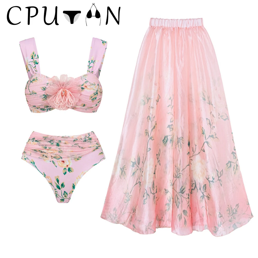 CPUTAN Sexy 3D Flower Push Up Bikini Set Swimwear For Women Skirt Swimsuit Beachwear Skirt Summer 2024 Floral Bath Suits Dress