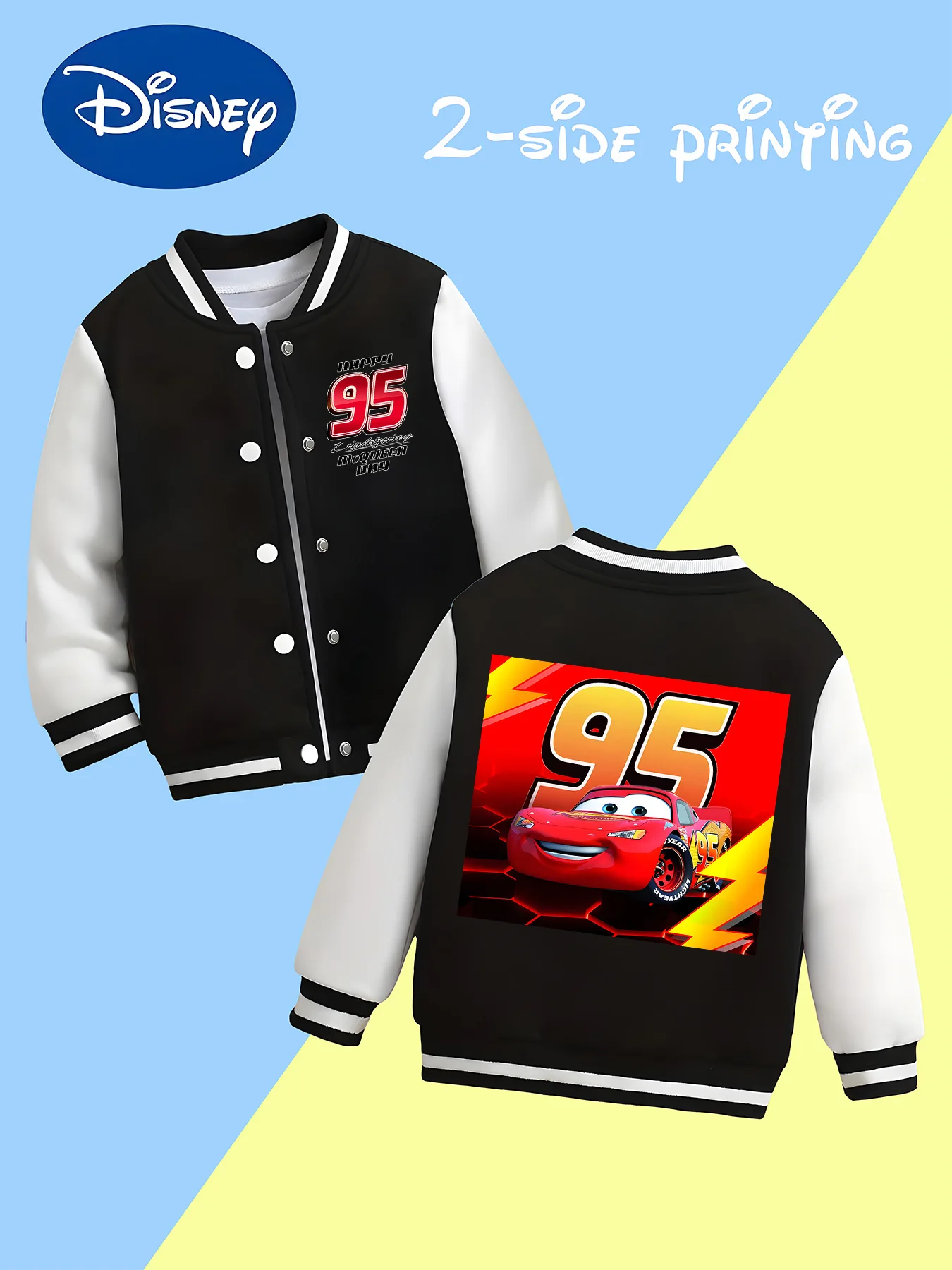 

MINISO Disney Cars 95 Baseball Boys Jacket - Double-sided Lightning McQueen print, a must-have for fall and winter school