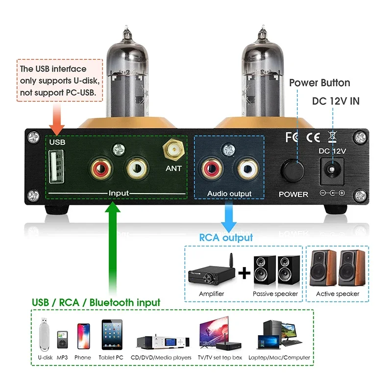 Audiophile Tube Preamplifier 6K4 Tube Bluetooth 5.0 USB 입력 다기능 프리 앰프 고베이스 조정 헤드폰 출력