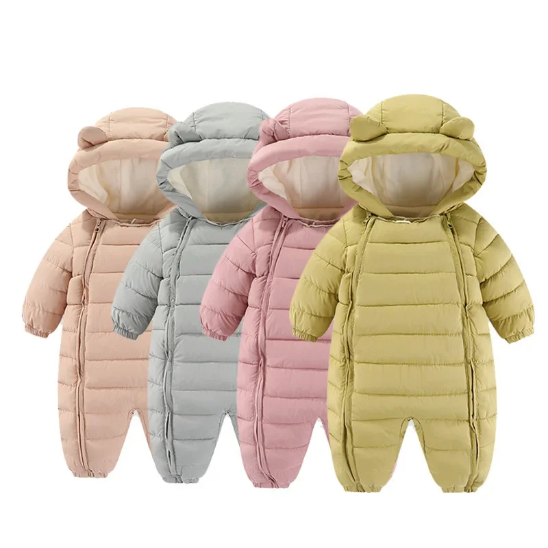 

Winter Thicken Hooded Jumpsuit ﻿for Infant Cute Solid Color Fleece Romper 0-2Years Newborn Baby Clothing