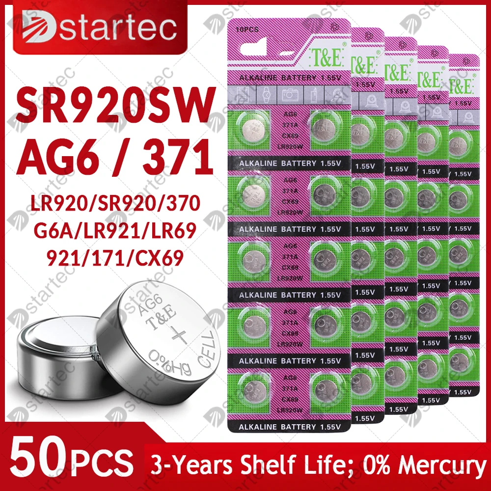 DStartec 50PCS AG6 Button Battery LR920 371A Cell Coin Alkaline Toys Watch Battery 1.55V SR920 L921 LR69 171 370 371; No Mercury