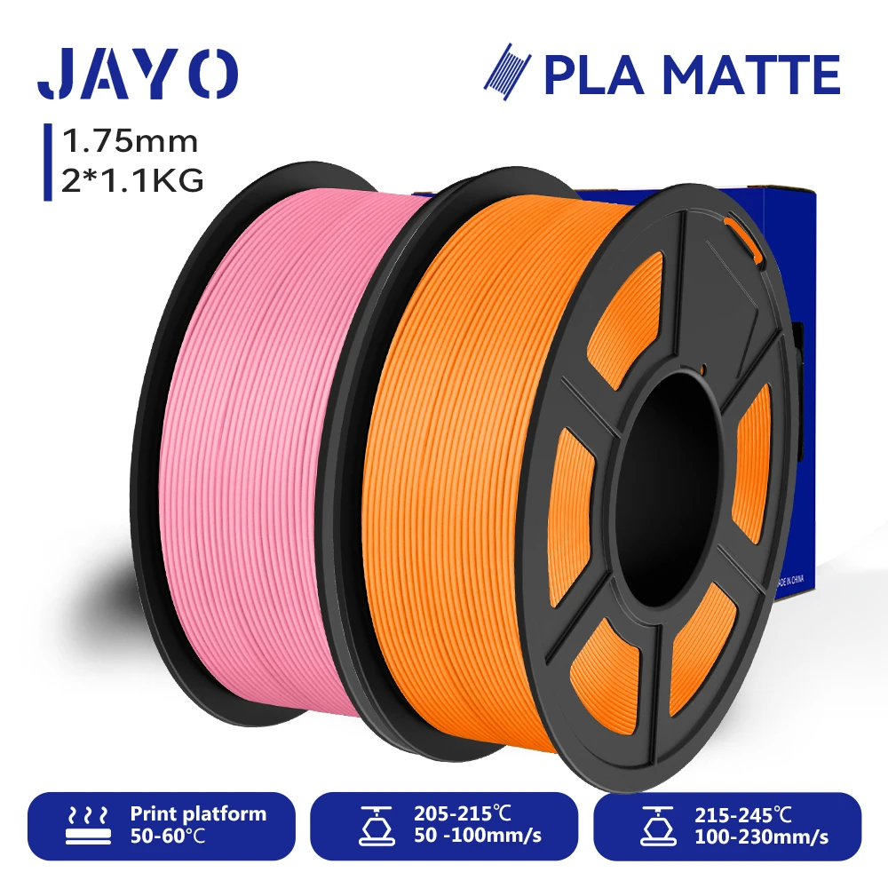 JAYO 2 Rollen 3D-PLA-Mattdrucker-Filament, 1,75 mm, ordentlich gewickeltes PLA-Filament mit mattem Finish-Druck mit 99 % FDM-3D-Drucker