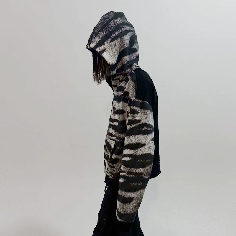 الرجال والنساء عارضة مطبوعة هوديي الخريف الشتاء زيبرا نمط طويلة الأكمام سستة مقنعين البلوز