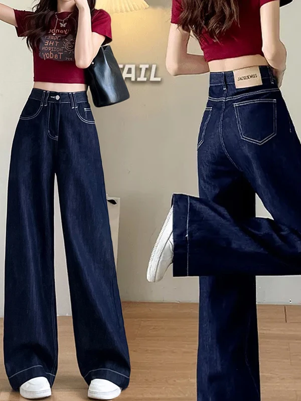Retro Deep Blue Wide Leg Jeans Women's Summer 2025 New High Waist Slimming Loose Straight Floor-Length Pants Casual Style