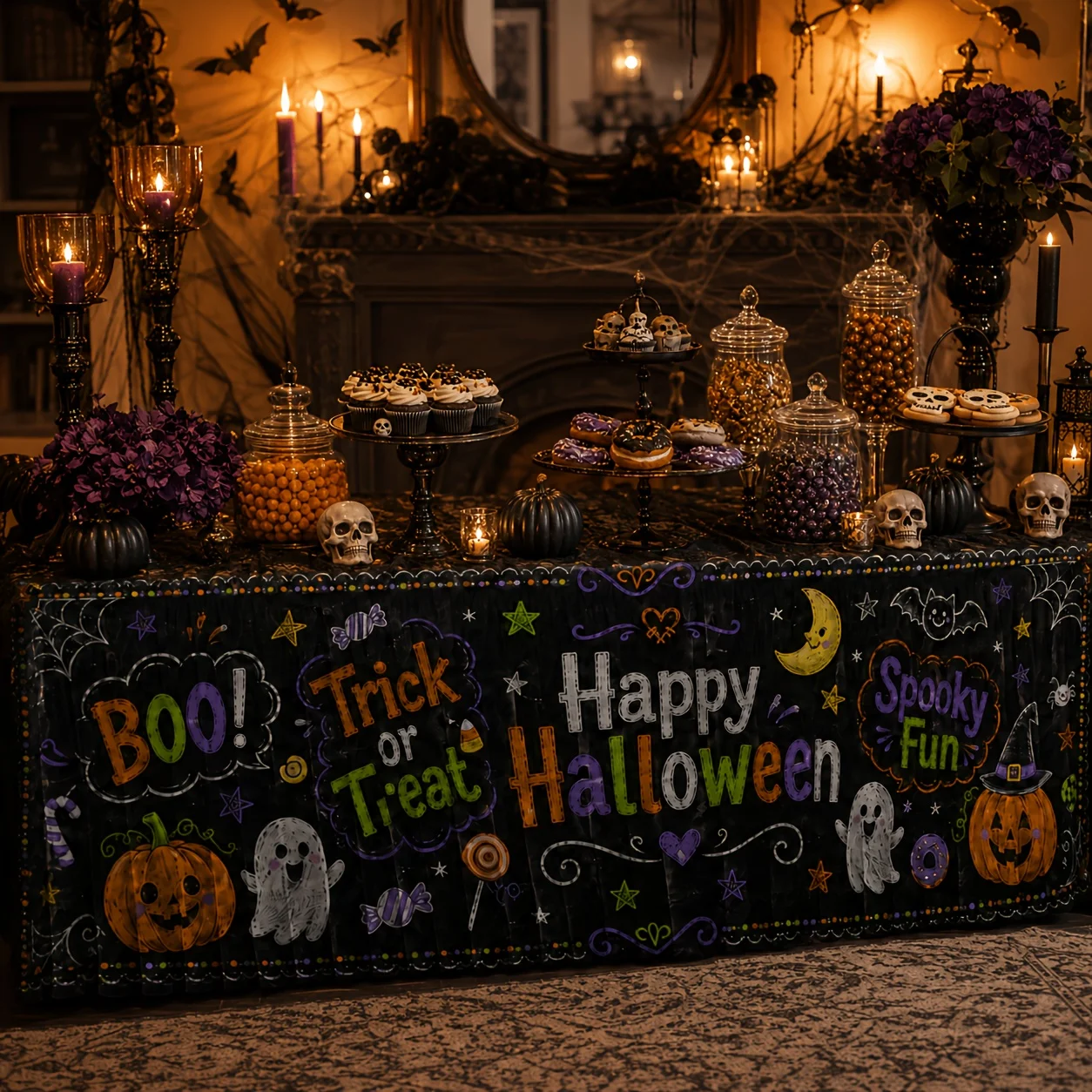 Tablecloth, table skirt in sets of one, Happy Halloween, blackboard ghost pumpkin candieszyc