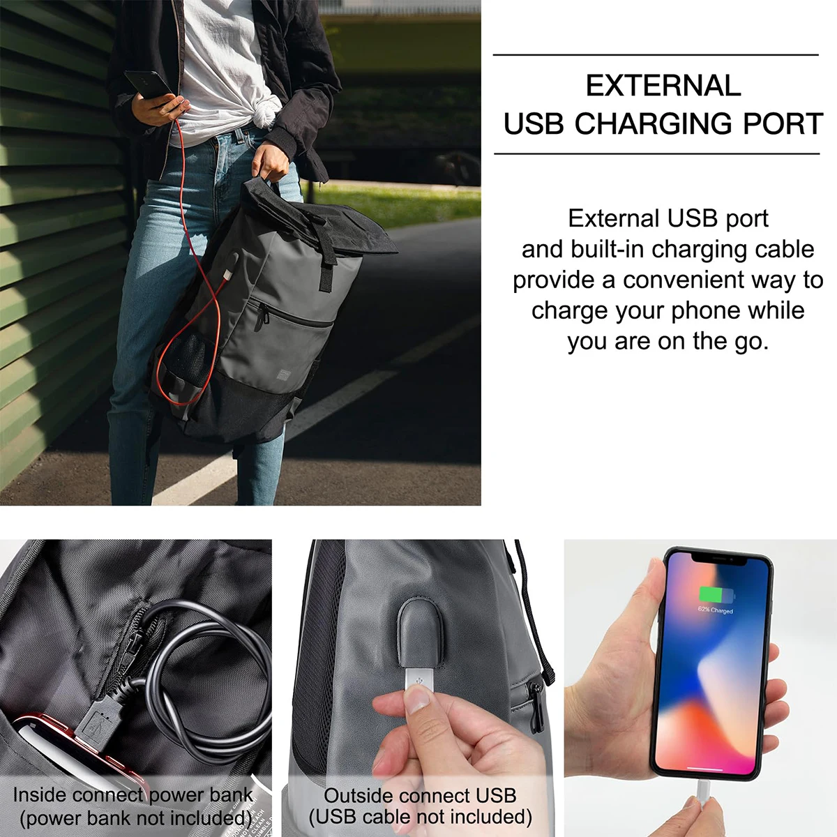 EverVanz Roll top Travel Laptop Backpack Waterproof PU Rucksack Men Women 17 Inch Laptop Bag Stylish College Backpack Schoolbag