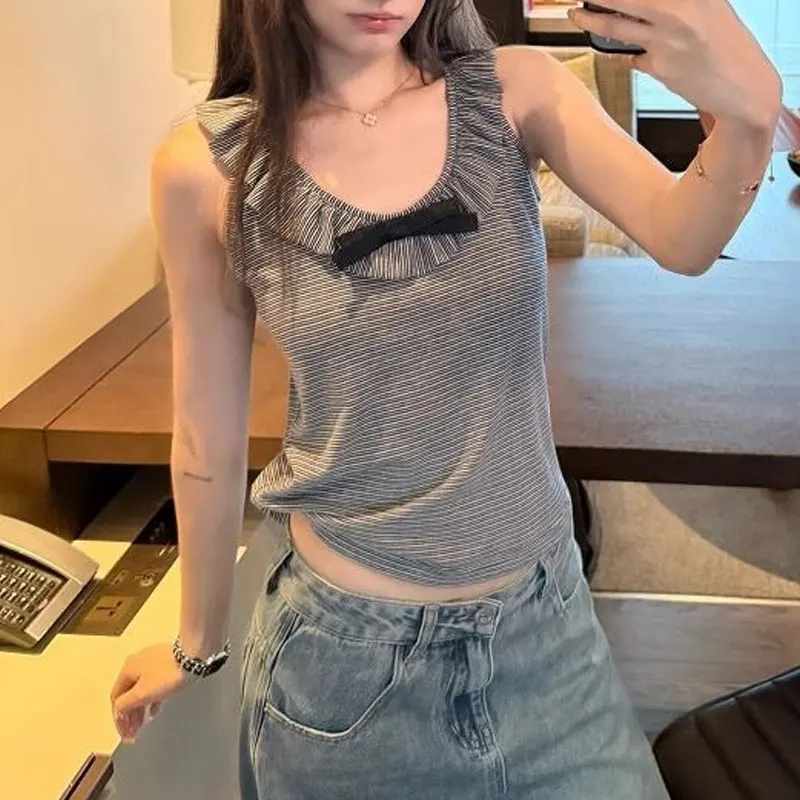 

Fashion Bow Ruffles Patchwork Camis Female Clothing Korean Striped Summer New Slim Hotsweet O-Neck Casual Sleeveless Short Tanks