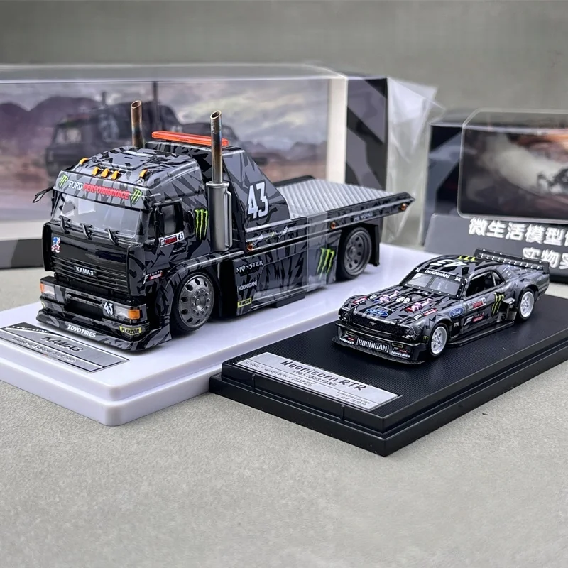 

SW 1:64 Ford Mustang Hoonicorn RTR KamaZ trailer die-cast alloy car model, boys' holiday gift toy, adult collectible ornament.