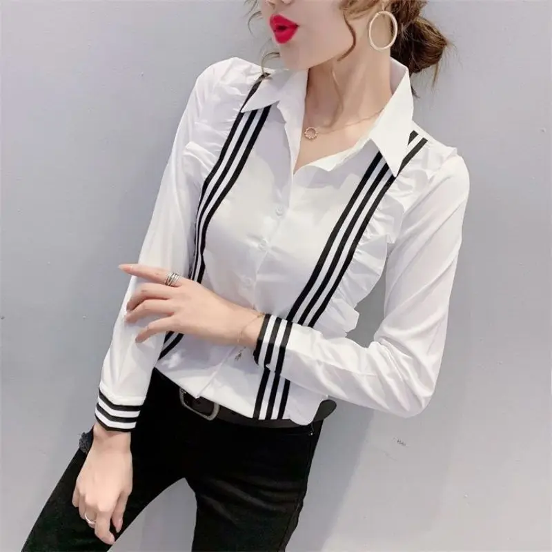 Fashion Lapel Button Spliced Loose Ruffles Striped Shirt Women\'s Clothing 2022 Autumn New Casual Tops All-match Commute Blouse