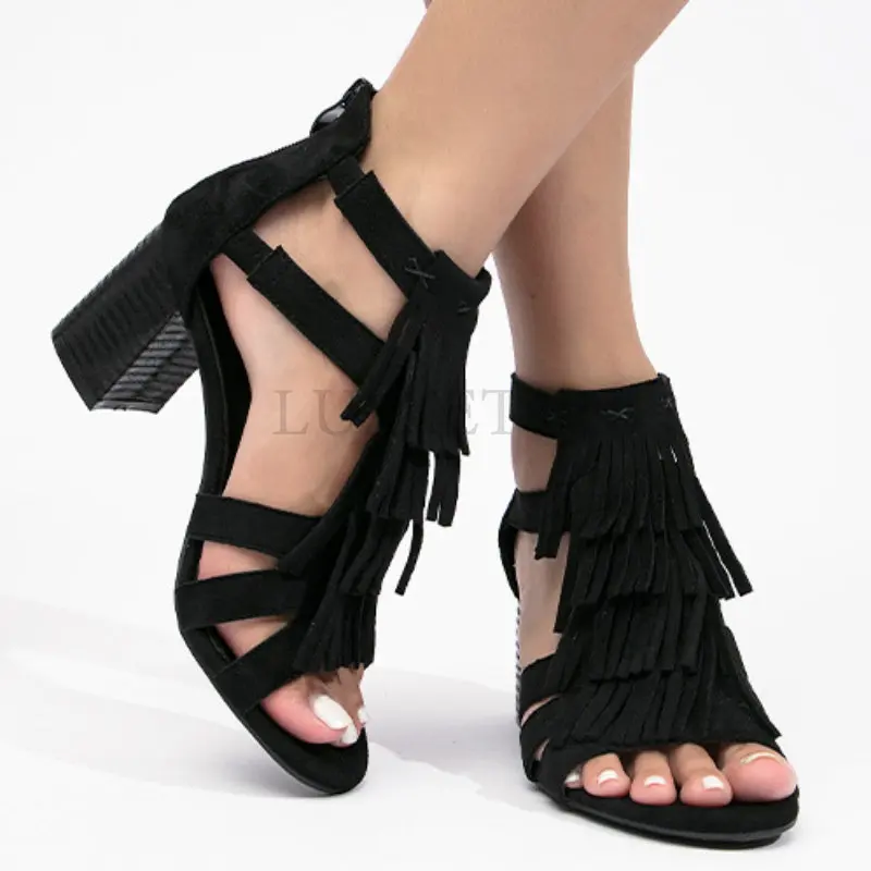 High Heeled Sandals Female Summer New Tassel Sandals Boots Fashion After The Zipper High-Heeled With Roman Women\'s Shoes