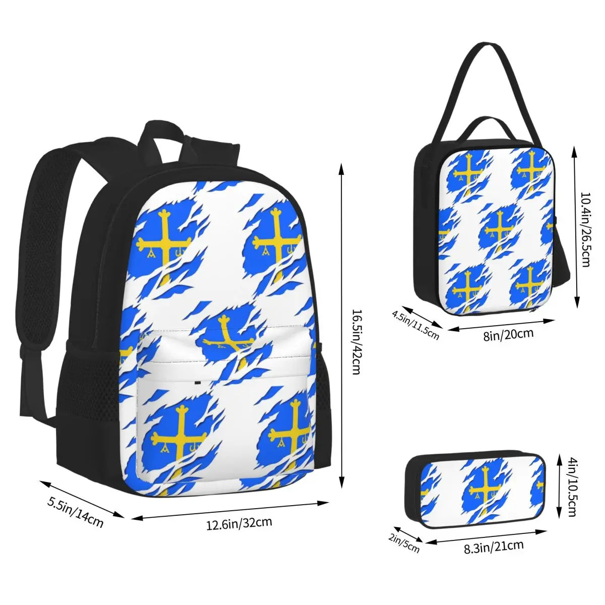 Asturias Flag Backpacks Students Bookbag School Bags Children Rucksack Lunch Bag Pen Bag Three-Piece Set