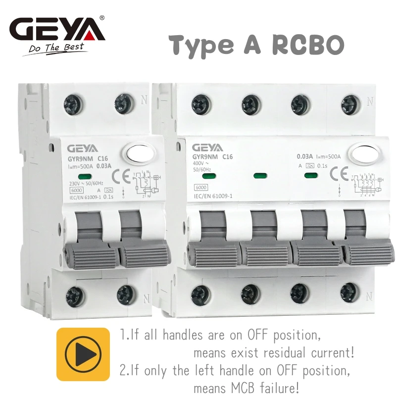 GEYA GYR9NM Type A RCBO 2P 4P Magnetic Residual Current Circuit Breaker with Over Current  Protection 10A 16A 25A 32A 40A 30mA