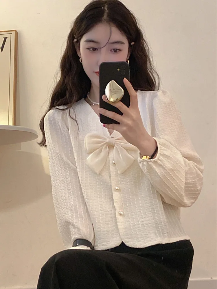 Zoki Sweet Bow Korean Blouse Women Fashion Puff Sleeve V Neck Shirt Casual Loose Preppy Style Female Elegant All Match Fall Tops