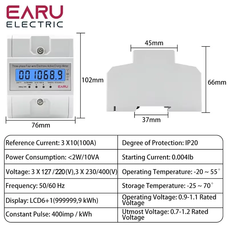 Imagem -02 - Medidor Eletrônico de Energia Ativa Monitor de Consumo de Energia Wattmeter Kwh Meter Fases Trilho Din de Fios 50hz 60hz