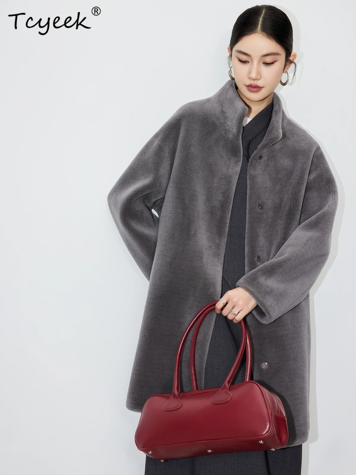 Tcyeek الصوف الحقيقي الخريف الشتاء الراقية العصرية الوقوف طوق رمادي متوسط طويل المرأة الصوف شيرلينغ معطف الفرو Fourrures فام