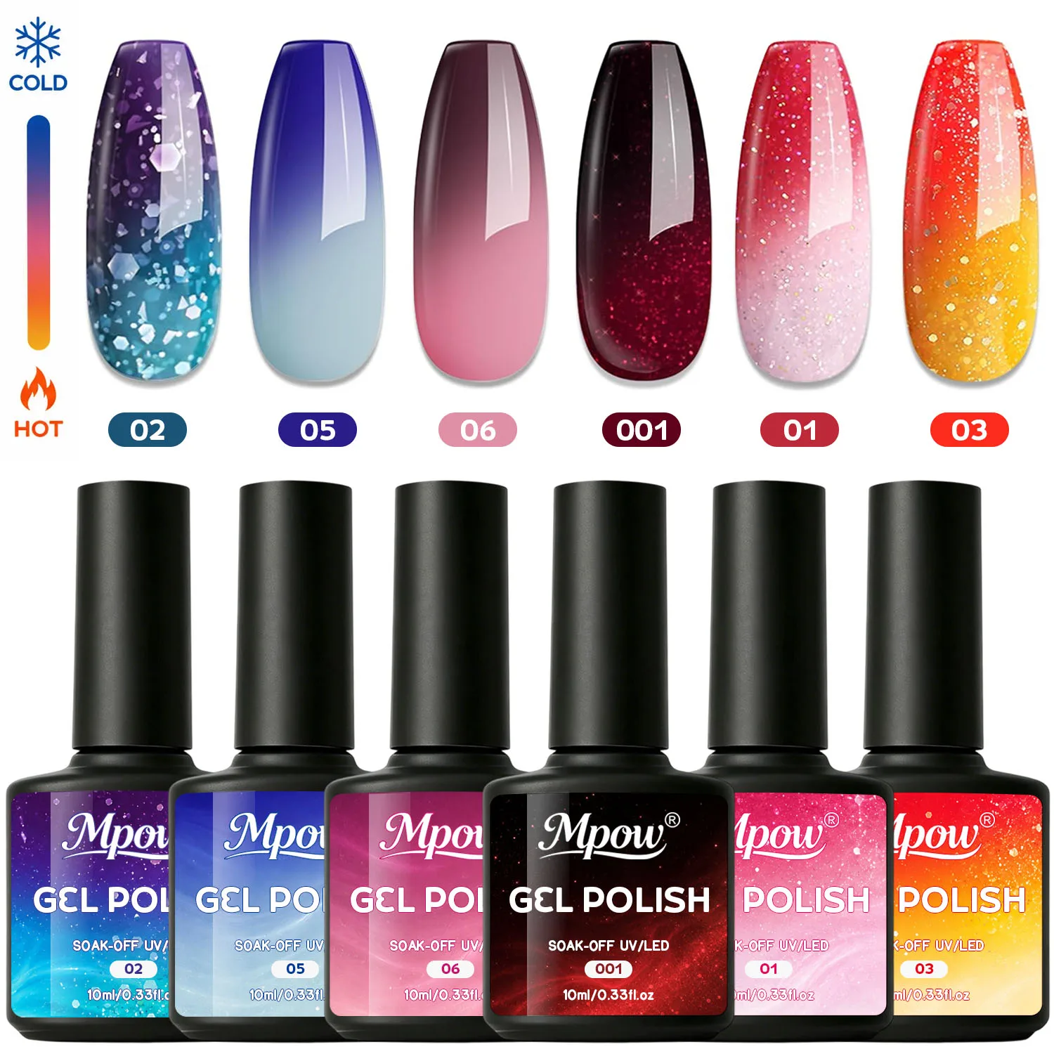 Mpow 1/6pcs 10ml Thermal Gel Nail Polish Set Temperature Color Changing Shimmer Semi Permanent Soak Off UV LED Nail Art Summer