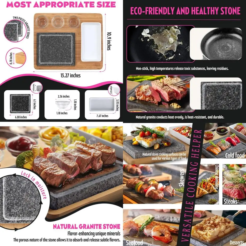 

Upgraded Granite Steak Grilling Set: 2 Stones, Bamboo Tray, 3 Sauce Dishes for BBQ & Meat