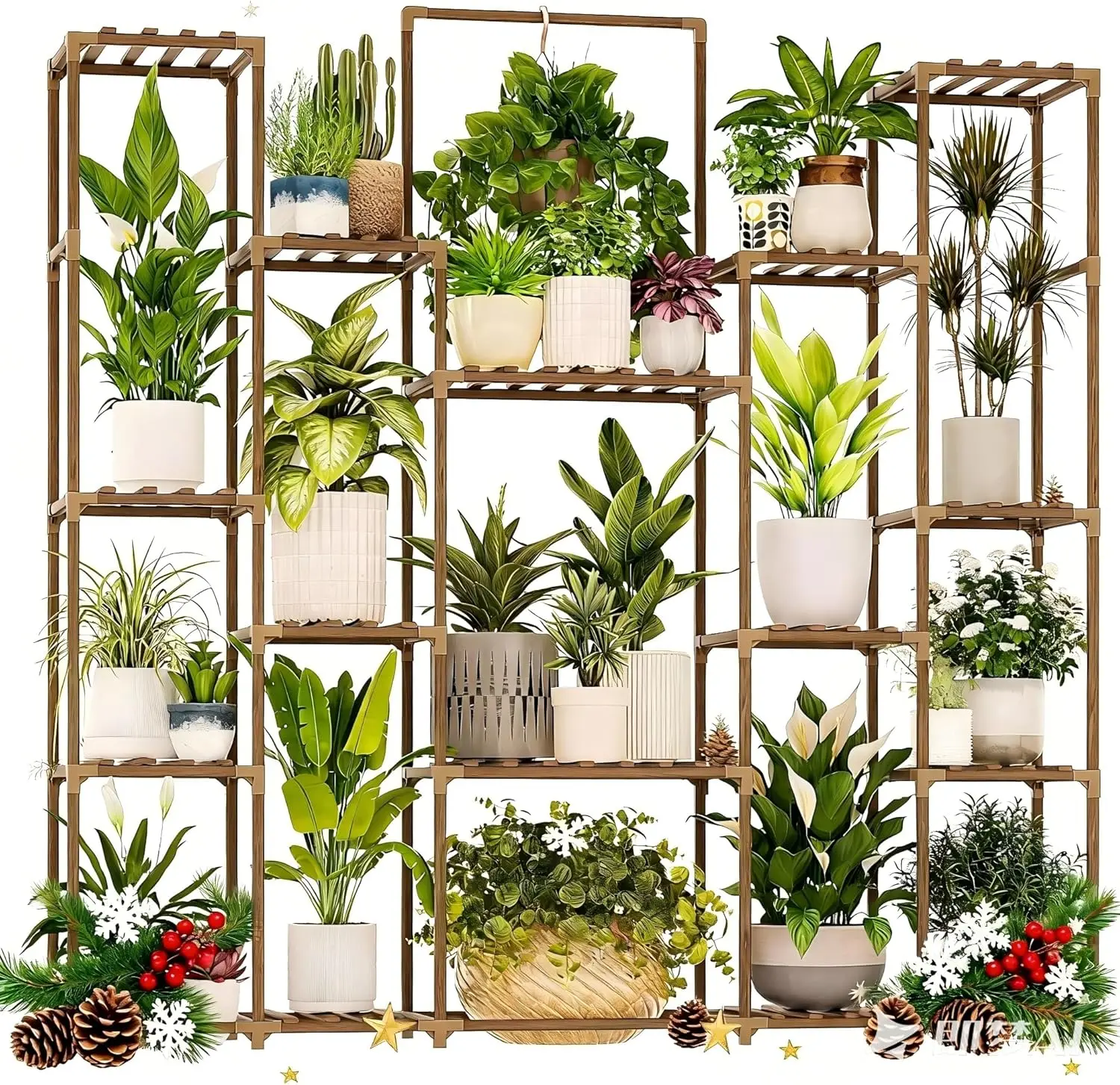 

Large Wooden Plant Stand for Multiple Plants, Indoor Outdoor Hanging Shelf with 17 Pots, Balcony Living Room Garden Decor