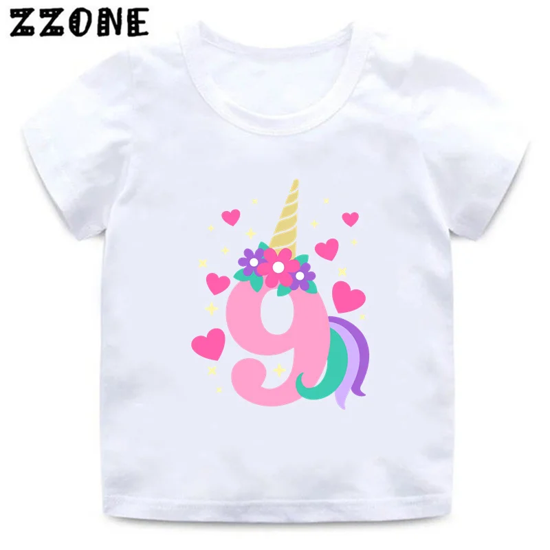 Cute Unicorn Print Girls Clothes 1 2 3 4 5 6 7 8 9 Years Happy Birthday Number Bow Kids Short Sleeve T shirt Baby Boys T-Shirts