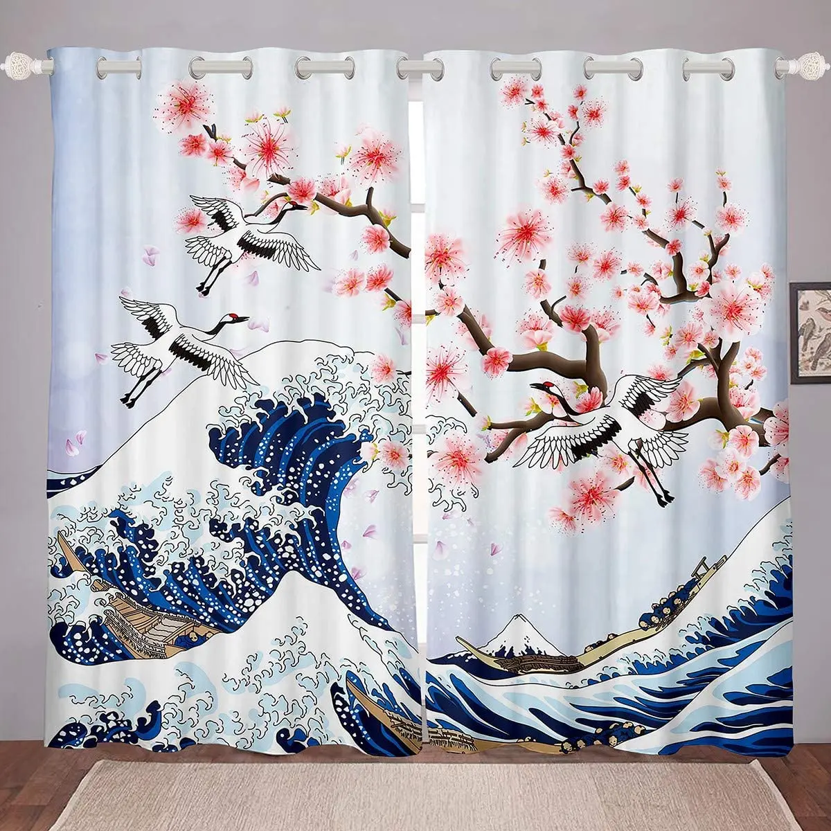 

Cherry Blossoms Window Curtains for Bedroom Living Room Chic Crane Curtains for Kids Girls Women Ocean Wave Decor Cortinas