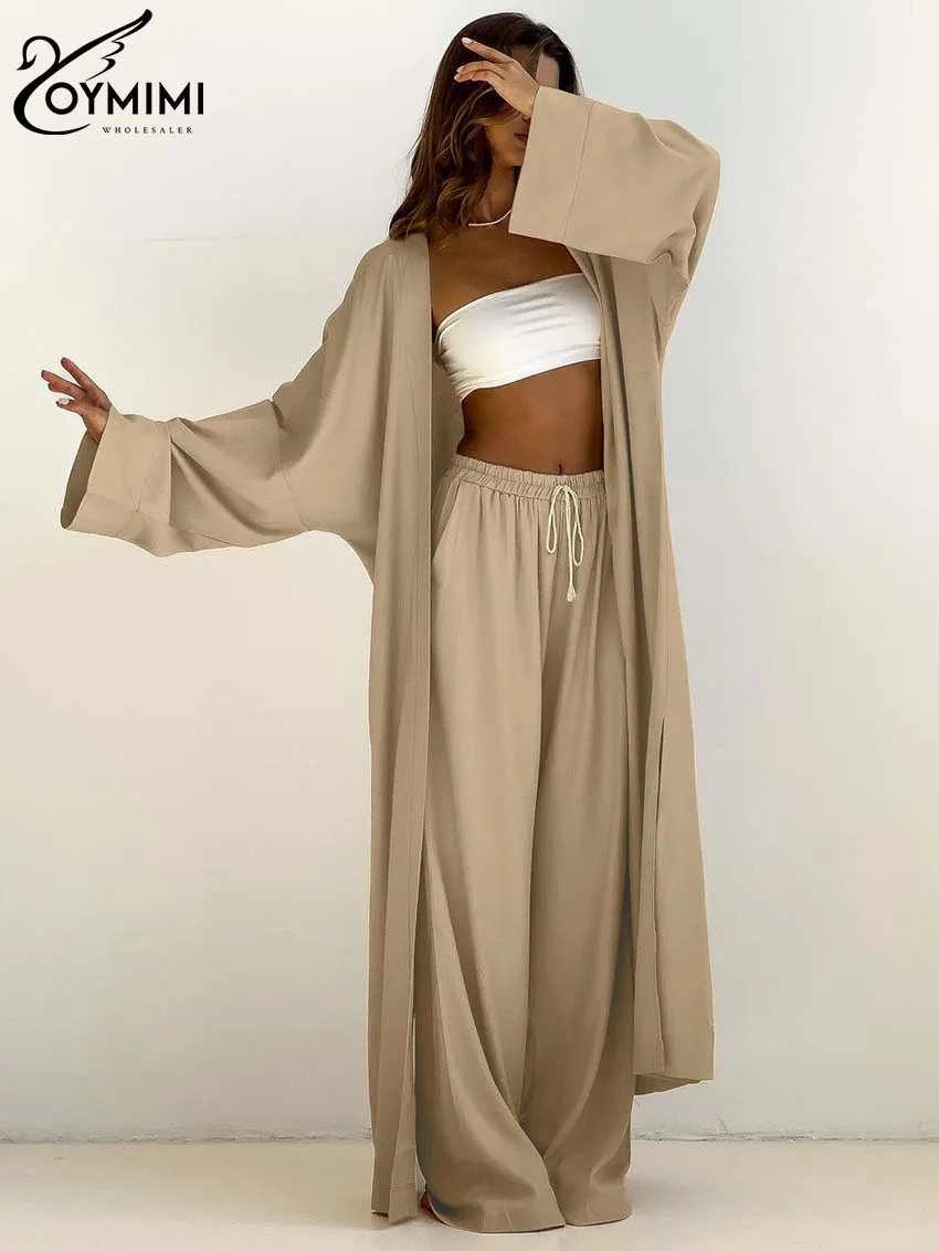 Oymimi Elegant Khaki 2 Piece Sets Women Outfit Casual Long Sleeve Loose Robe And Drawstring Full Length Trousers Sets Homewear