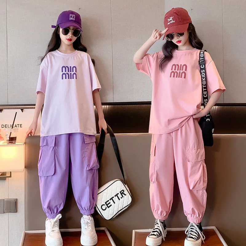 Summer Teen Girls Clothing Sets Children Fashion Korean Style Letter Tops + Pants 2Pcs Outfits Kids Tracksuit 5 6 8 10 12 14 Yrs