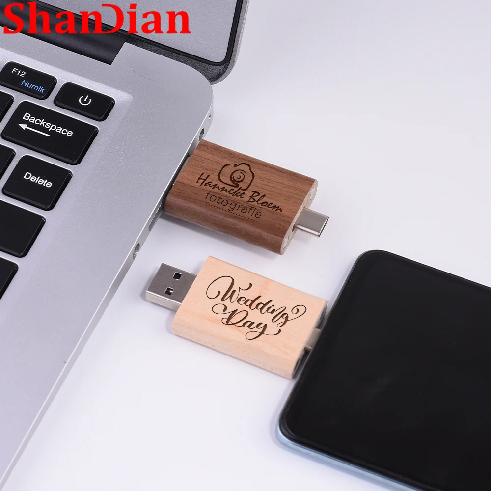 Shandian TYPE-C USB Flash Drives 128GB Wooden 2-in-1 Memory Stick 64GB Free Custom Logo Pen Drive  Anti Drop Box Wedding Gift