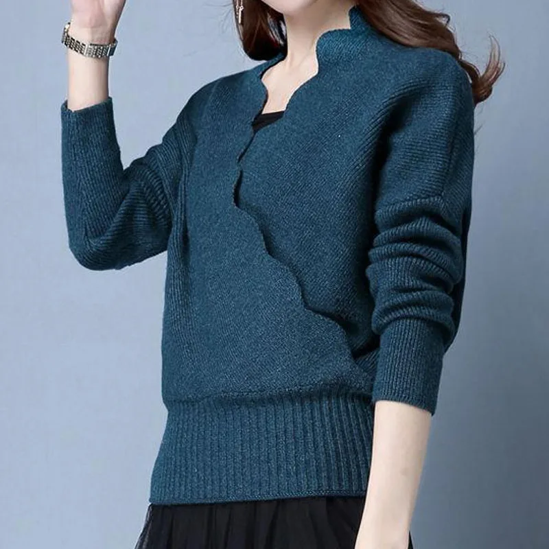 Elegant Fashion Cross Spliced V-Neck Sweaters for Female Autumn Winter New Commute Simplicity Solid Color Short Knitted Tops