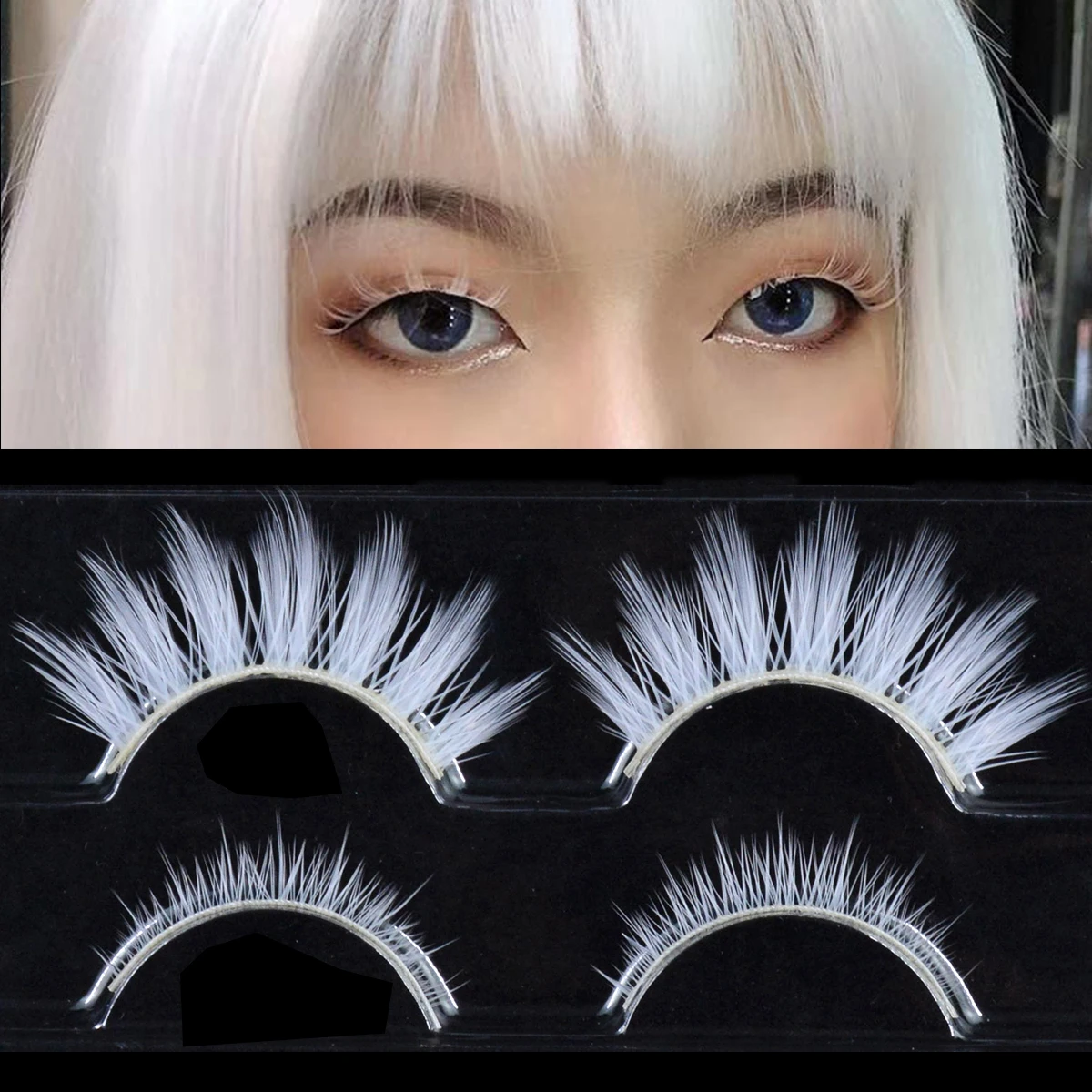2 pary / zestaw 3D Białe rzęsy Przezroczysta opaska Kolor śniegu Rzęsy Cosplay Halloween Manga Lashes Makijaż i dolne rzęsy