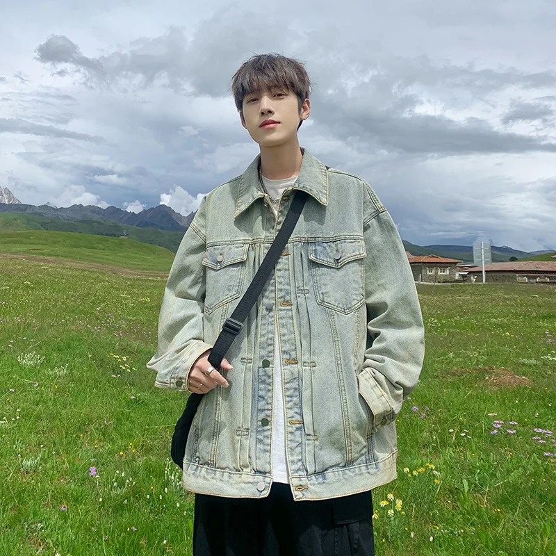 

Мужская джинсовая куртка на весну-осень, свободного кроя, в стиле рабочей одежды, ретро, японский стиль, модный бренд, ветрозащитная, с длинными рукавами, отложным воротником