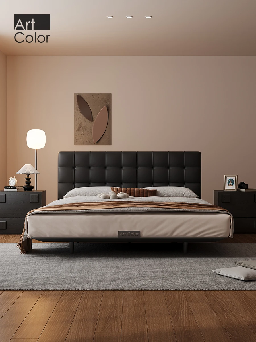 Genuine leather suspended bed master bedroom black waffle grid thin headback bed modern minimalist flush edge bed