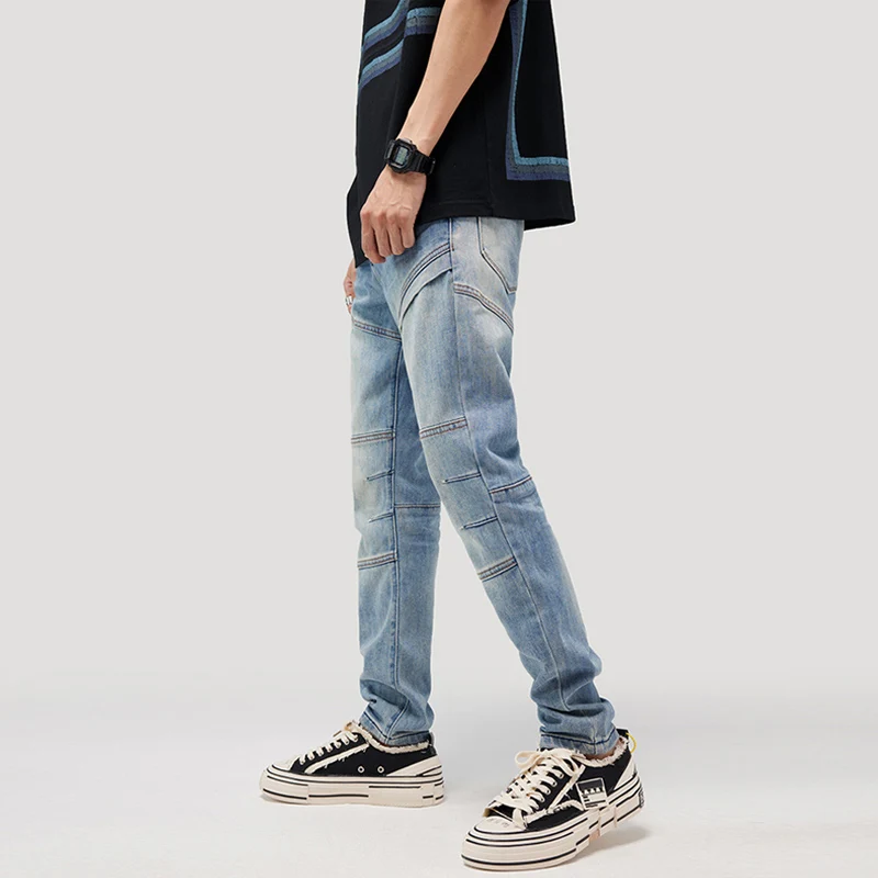 Street Fashion Men Jeans Retro Light Blue Elastic Slim Ripped Biker Jeans Men Spliced Designer Hip Hop Denim Punk Pants Hombre