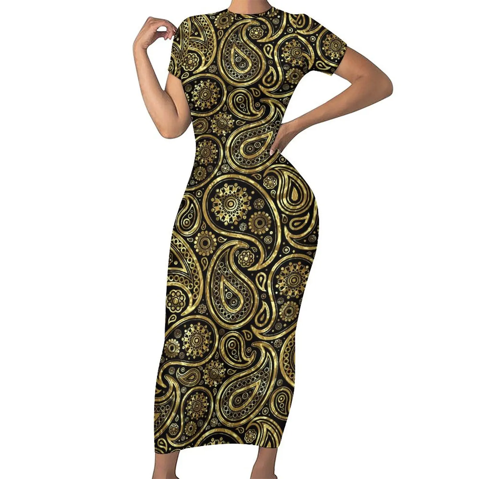 

Vintage Paisley Print Dress Short Sleeve Gold And Black Street Style Maxi Dresses Bodycon Dress Women Graphic Oversized Vestido