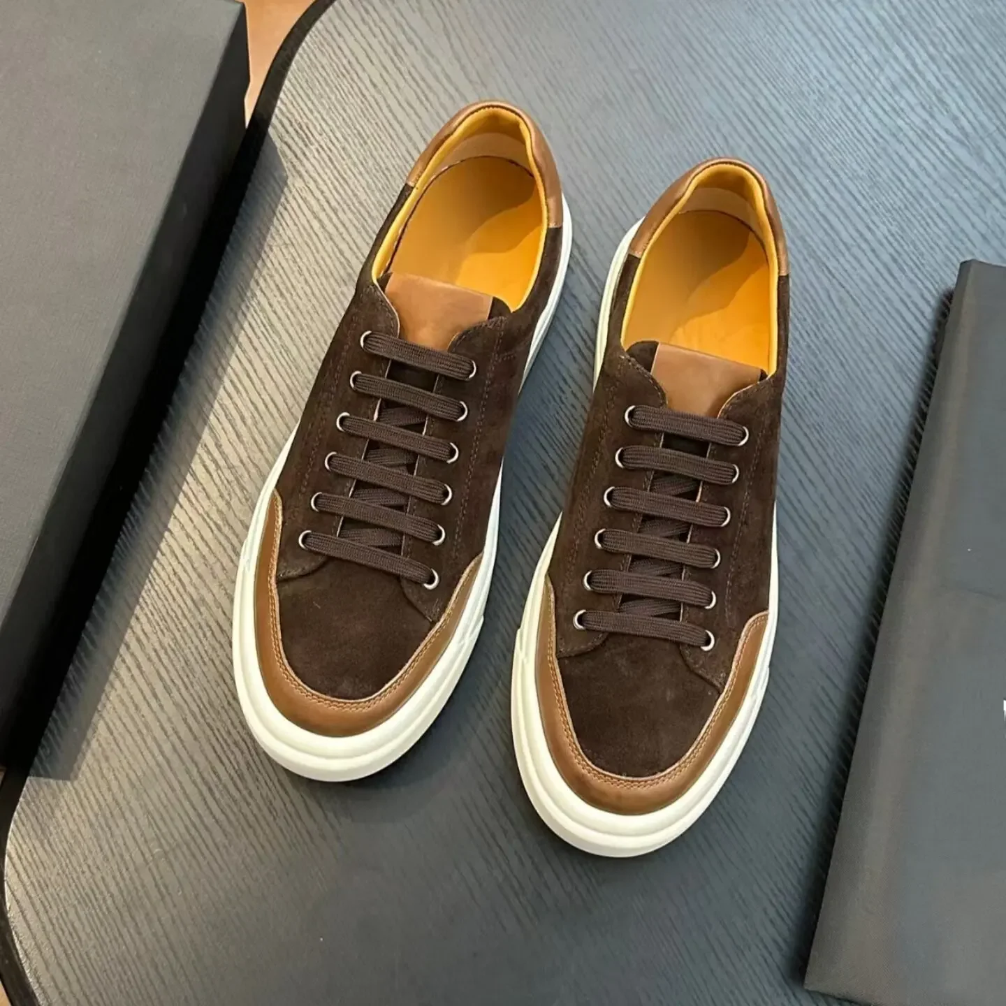 kittn New Luxury Men's Casual Skate Shoes, Cowhide Patchwork Niche Round Toe Trendy Sneakers, Retro Versatile Chunky Sole Runnin