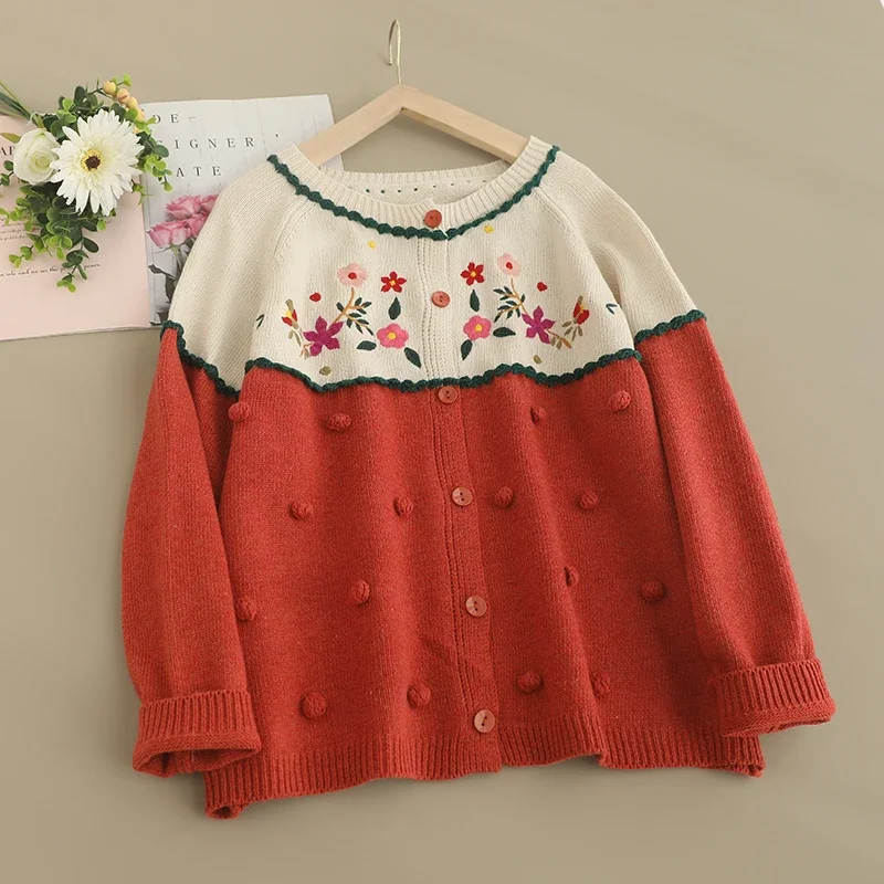 Spring Sweet Mori Girl Japan Style Floral Embroidered Sweater Cardigan Women O-neck Long Sleeve Single Breasted Knitted Sweater