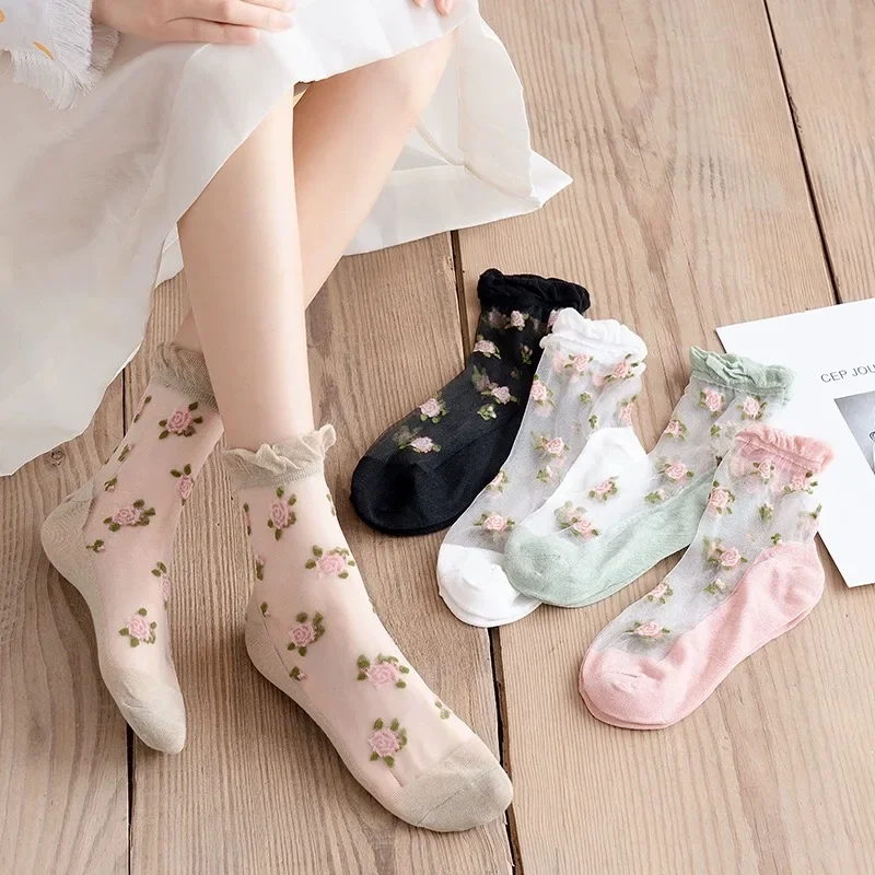 1 Pair Women Flower Sock Summer Lace Crystal Glass Silk Socks Short Thin Transparent Roses Jacquard Elastic Ultra Thin Socks