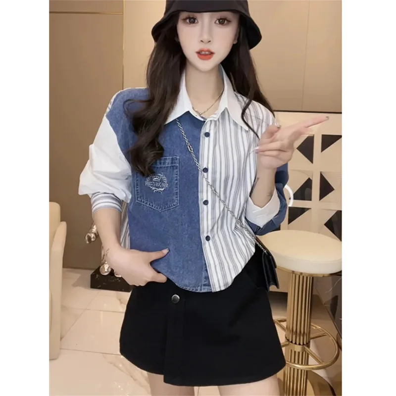 2024 Korean Version Of Early Autumn Loose-Fitting Fashion And Leisure Joker Stitching Denim Shirt Simple Coat Woman