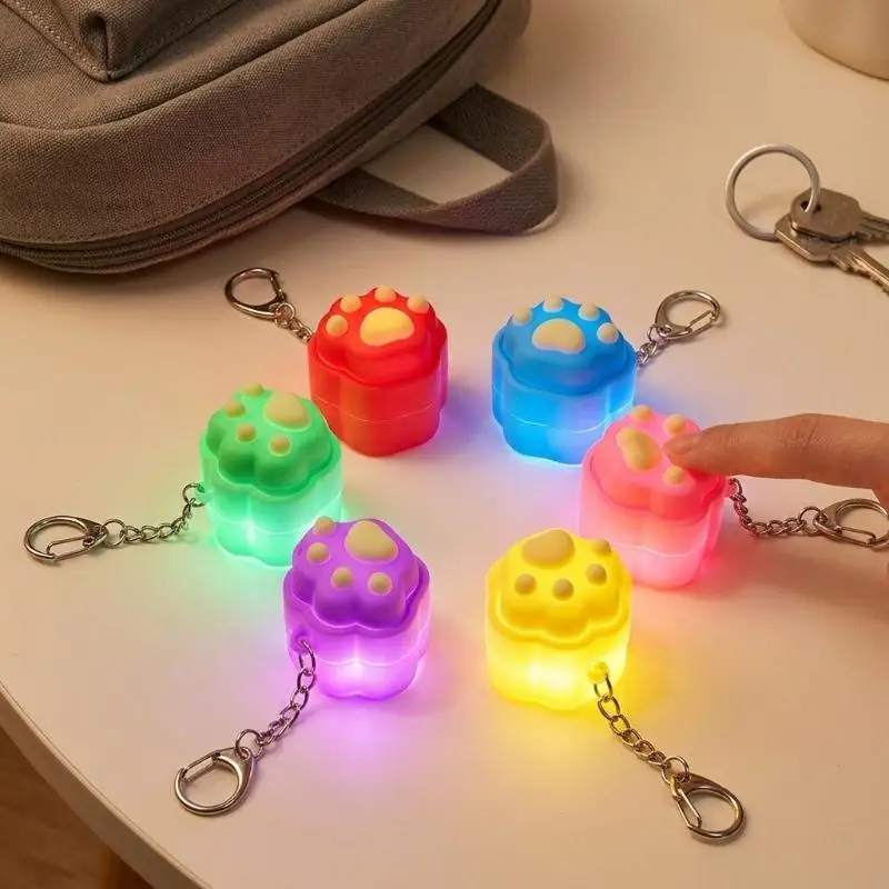 Cute Glowing Cat Paw Keychain Press Activated Light 6 Vibrant Colors For Backpack Decor Stress Relief Gifts