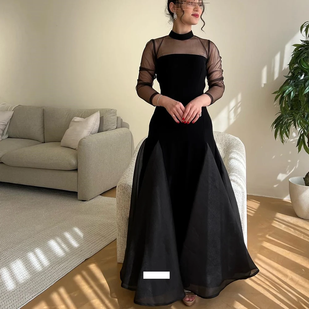 

Black Straight High Neckline Jersey Long Sleeves Saudi Evening Dresses Elegant Pleats Dresses For Formal Occasions Classic 2024