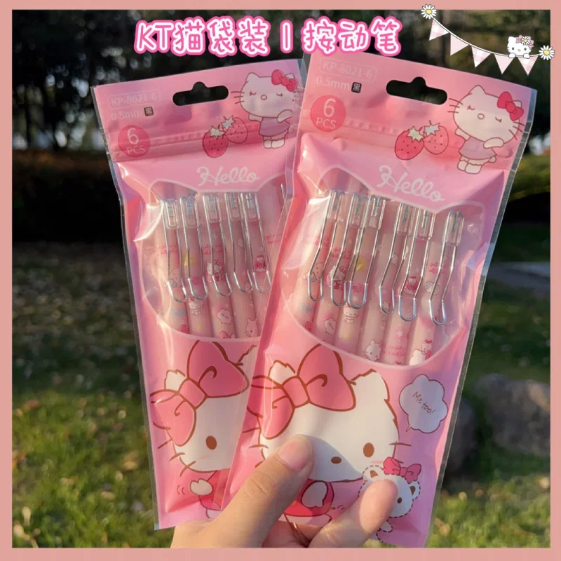 New Hello Kitty cartoon cute kawaii pink girly heart student high-value metal hook press-type neutral black water pen wholesale