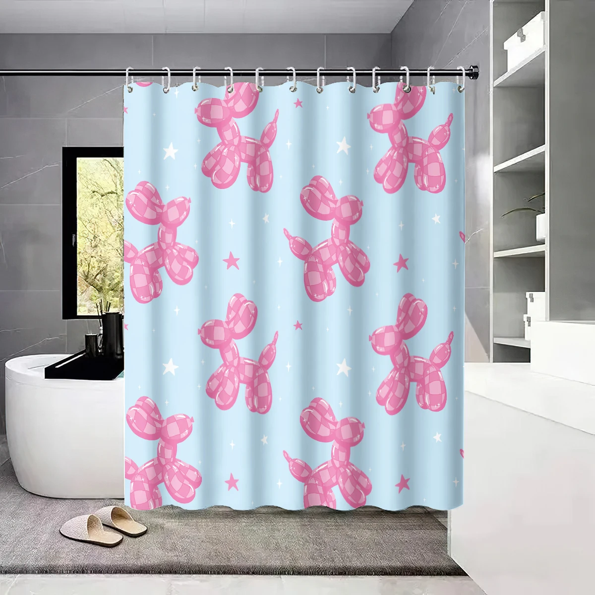 

4pcs pink balloon dog print bathroom set 180x180 waterproof privacy curtain with 12 hooks, floor mat, toilet mat, U-shaped mat