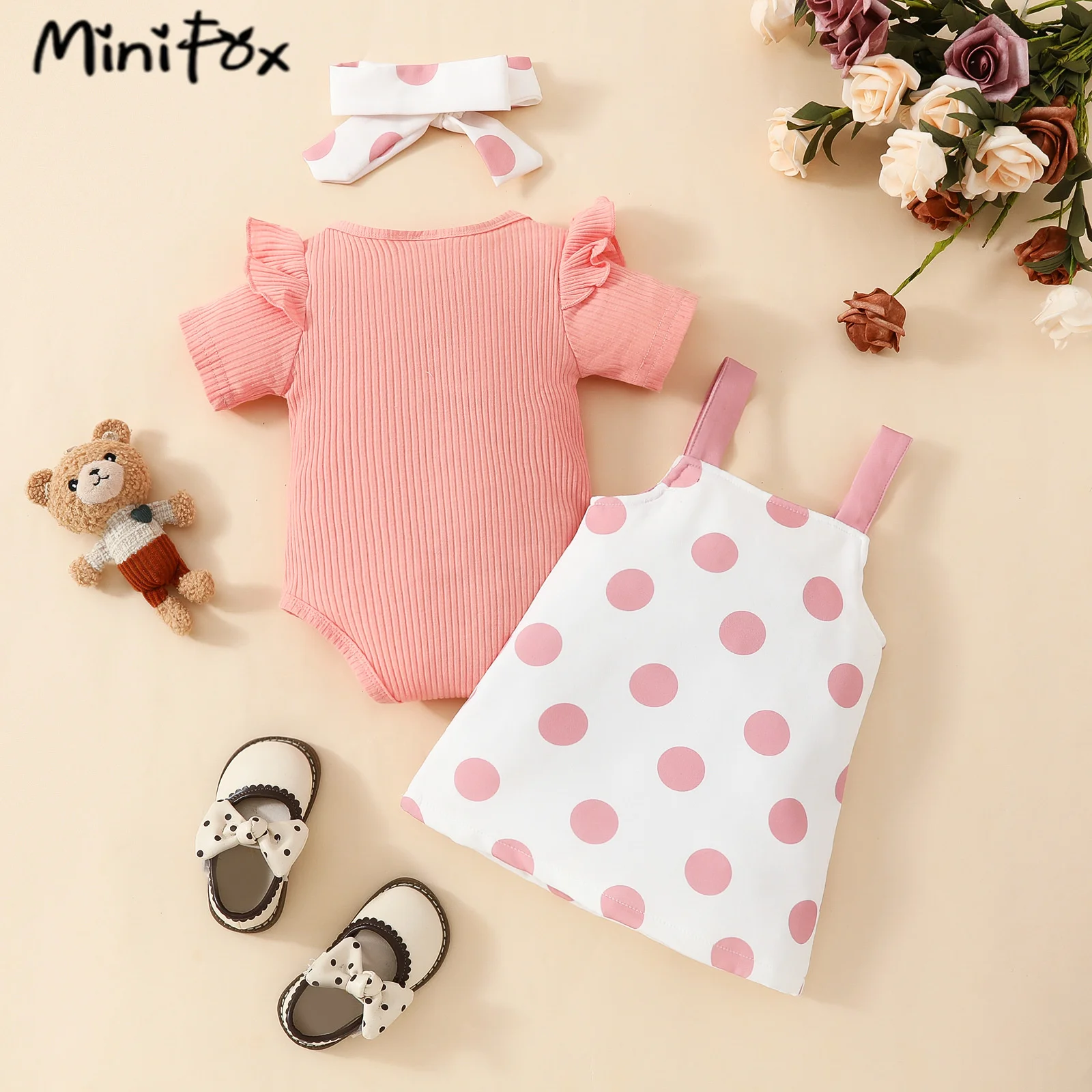 Prowow Baby Dresses Girls Summer 3pcs Outfit Sets Black Romper and Dots Bear Dress For Newborns Infants Baby Girls Clothing