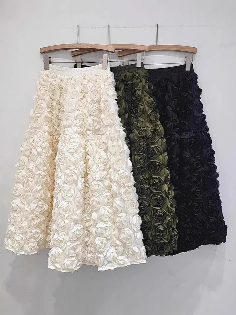 

Юбка с эластичной резинкой на талии и 3D цветочным принтом, женская уличная юбка-миди трапециевидной формы, полиэфирная ткань, весенний сезон, модные женские юбки