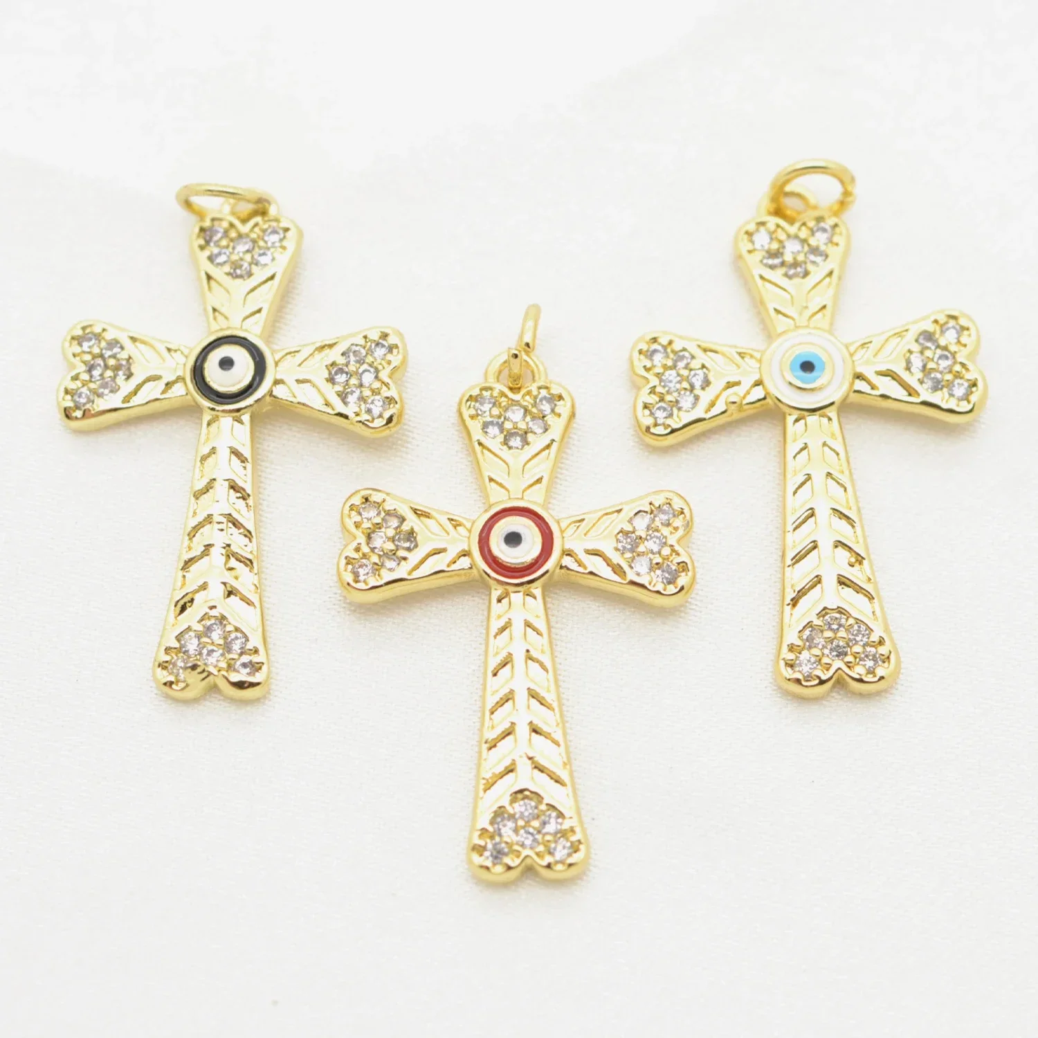 14 Pcs Enamel Evil Eye Cross Pendant for Diy Necklace Bracelet Making Micro Inlay Zircon Brass Plating Jewelry Charms Wholesale
