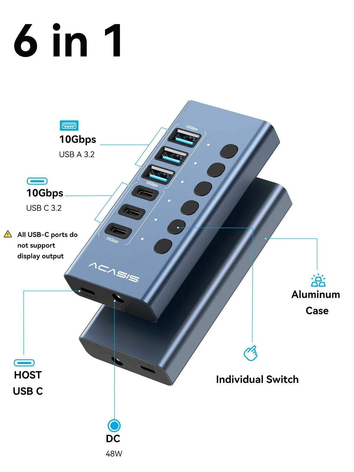 ACASIS Powered USB 3.2 HUB 10Gbps 10/6 Ports USB A/C Splitter with Individual Switch Charging Data Transfer for MacBook Laptop