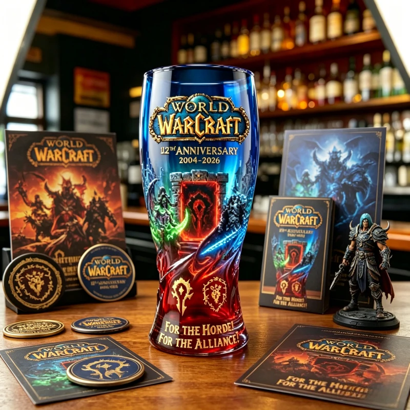 World of Warcraft 12. Jubiläum Glasbecher Horde Allianz Bierkrug für Fans Geschenk 2004-2026 Jubiläums-Sammlerbecher