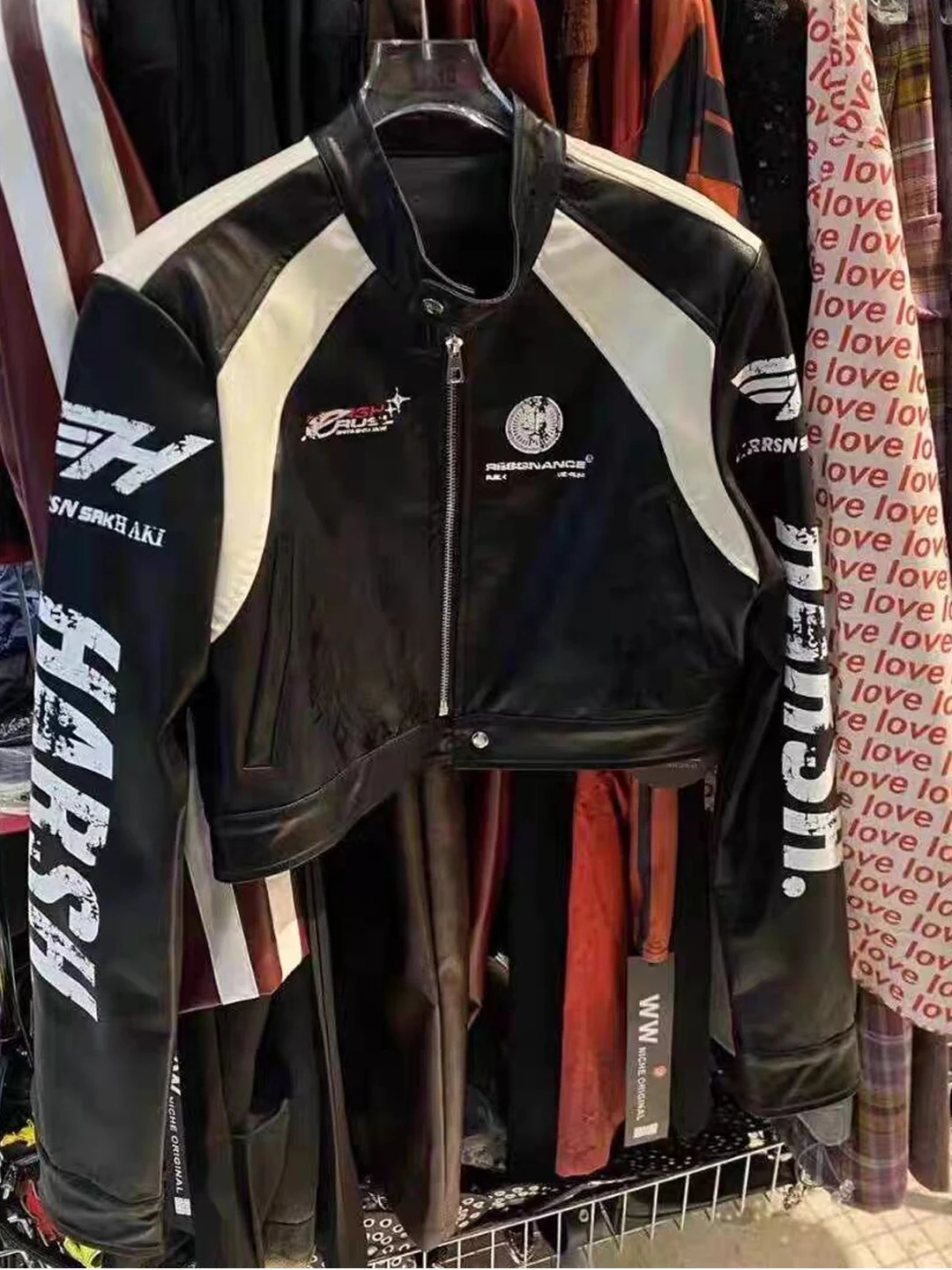 american-retro-contrast-color-letter-print-ort-motorcycle-pu-leather-jaet-women's-cool-spring-small-stand-collar-baseball