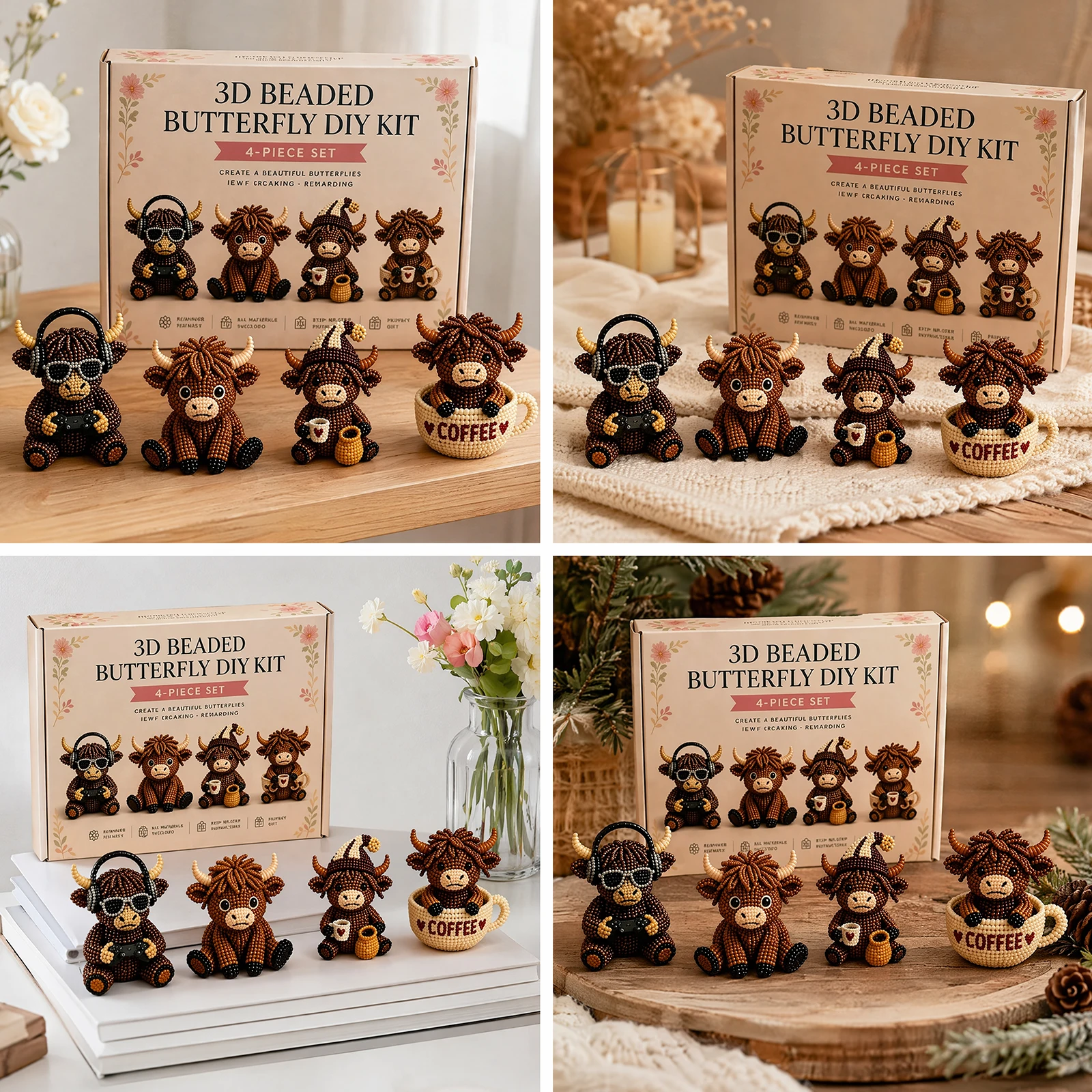 3D DIY Beaded Animal DIY Kit 4PCS Cute Highland Cow Handmade Bead Art Kit Beading Art Set Gift for Beginners & Craft Enthusiasts