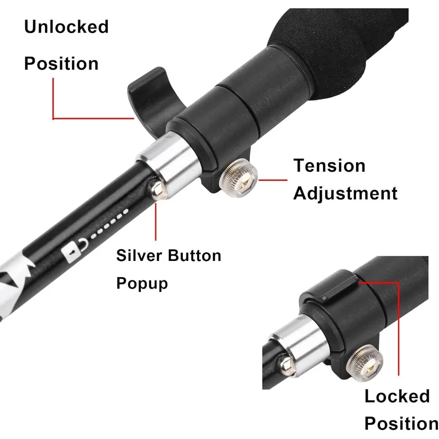 Bastón de trekking plegable y ligero, bastón ajustable de aluminio 7075 para senderismo y viajes, diseño plegable de bloqueo rápido